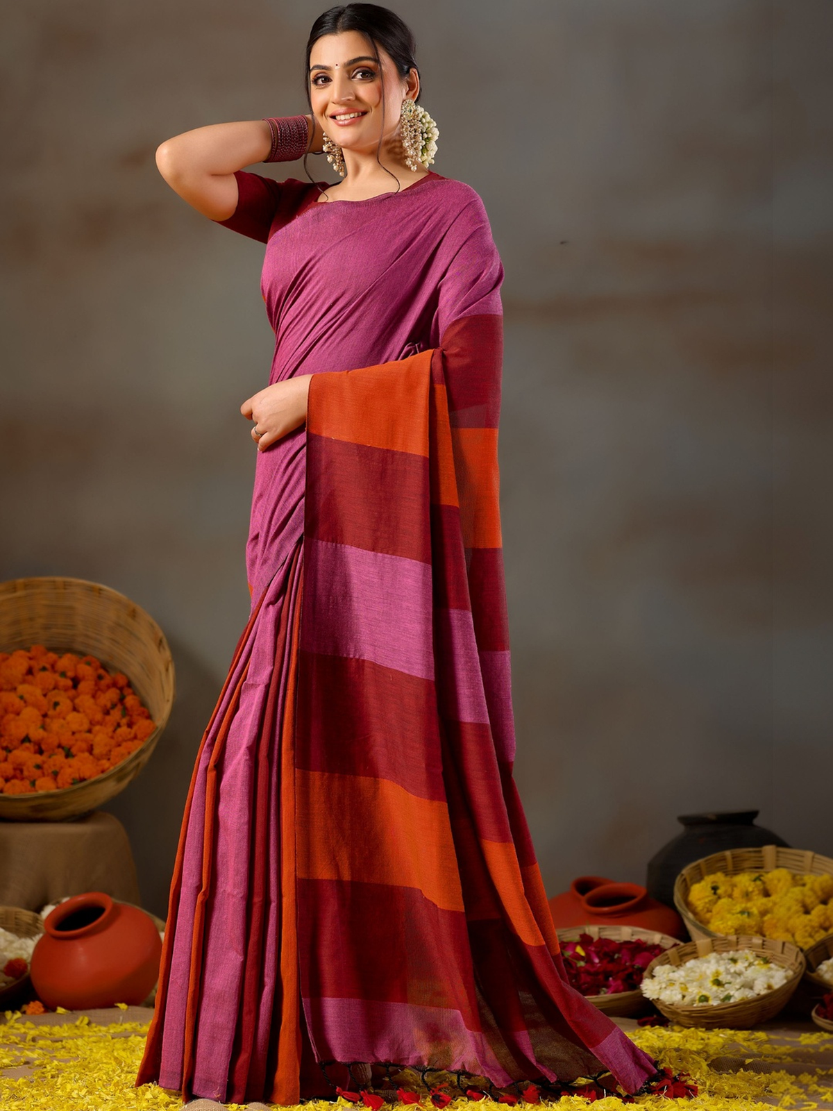 Maroon Solid Khadi Cotton Blend Ready-to-Wear Saree with Zari Detail