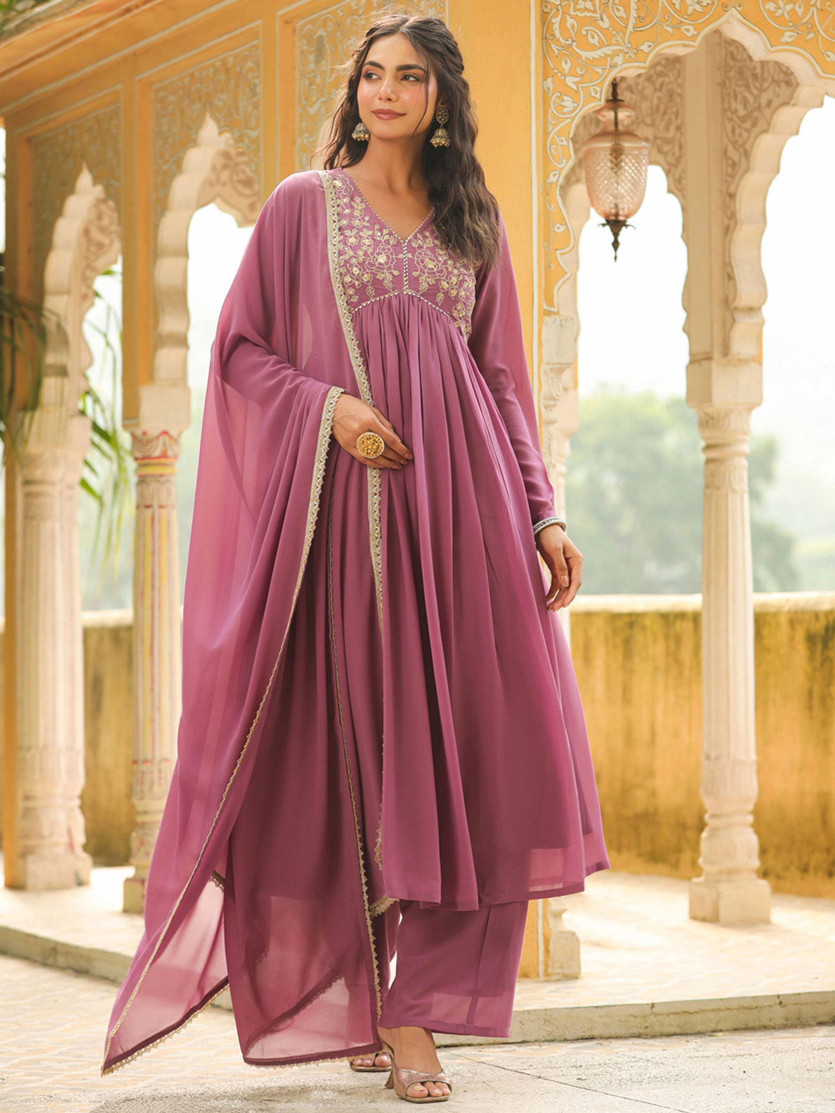 Maroon Printed Silk Blend Anarkali Kurta Set with Dupatta (Copy)