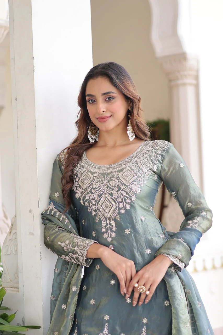 Fendi Silk Embroidered Kurta Sharara Set with Dupatta