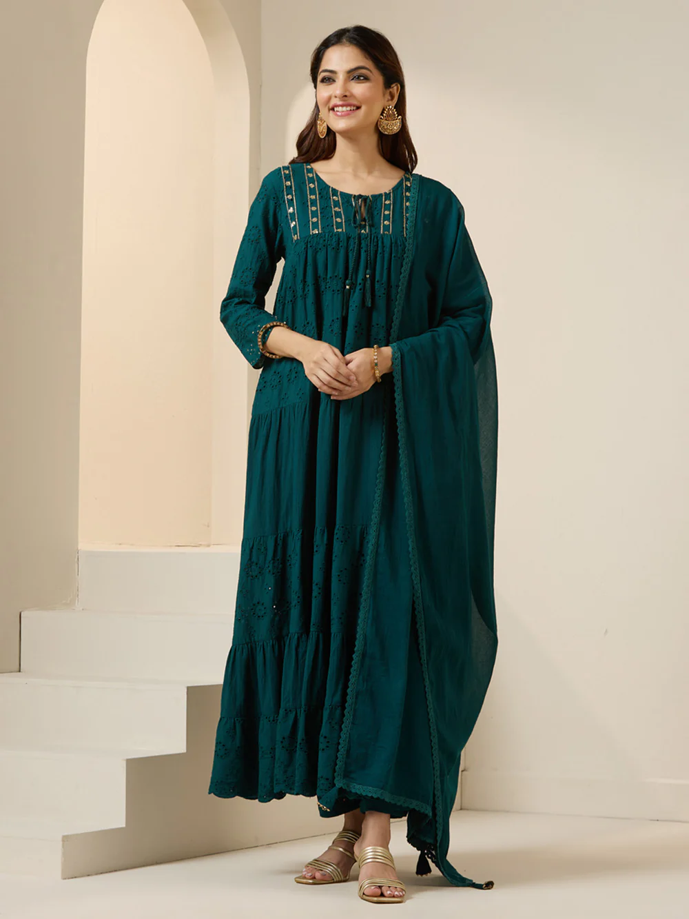 Graceful Green Cotton Blend Schiffli Zari Embroidery Tiered Fit kurta set with dupatta