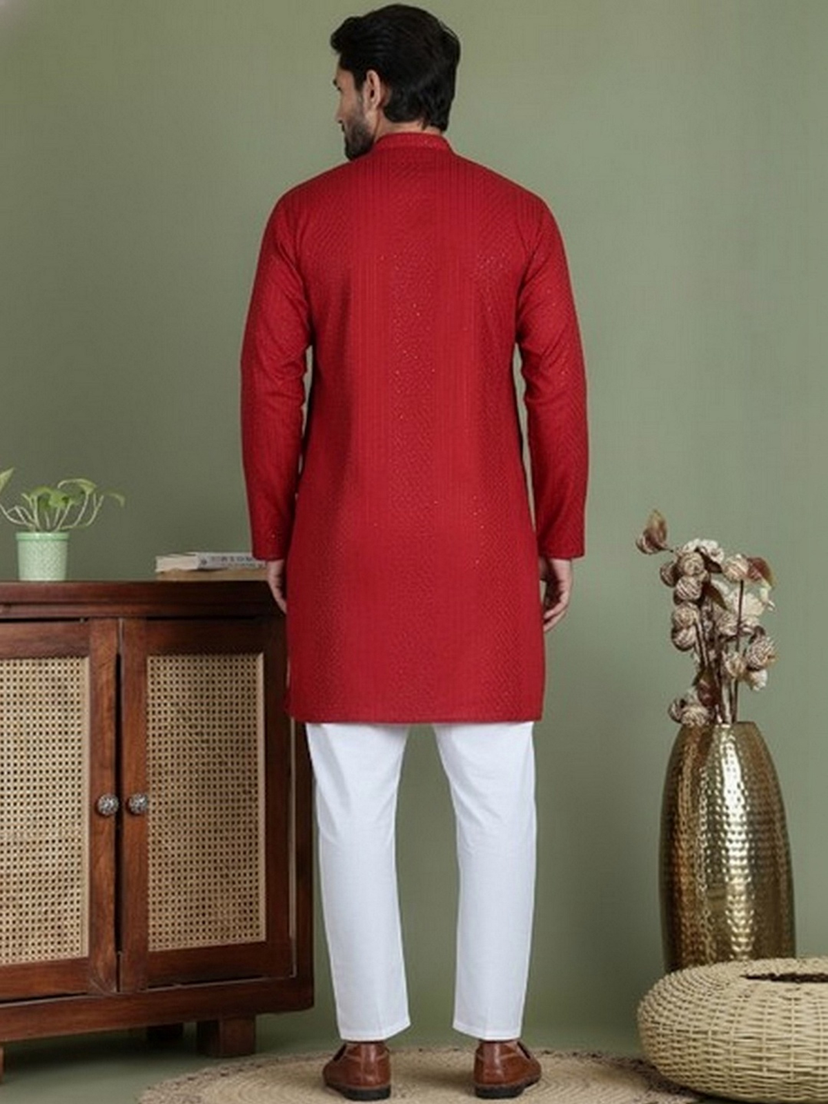 Men’s Maroon & White Cotton Kurta with Thread Work AROMIE | Affordable Indian Clothes & Dresses in Canada