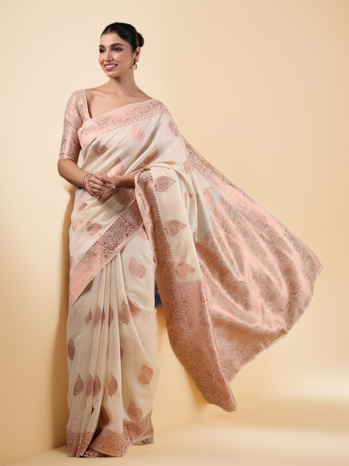 Off White Banarasi Linen Blend Saree with Woven Border & Blouse Piece