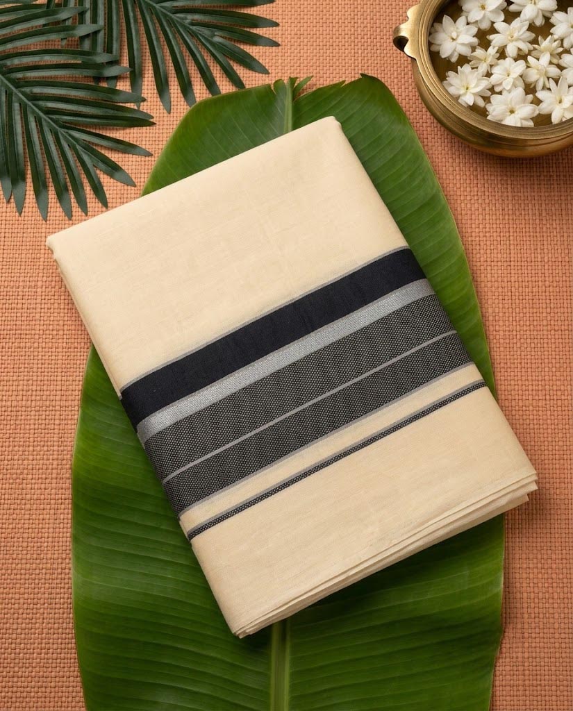 Classic Cream Kerala Mundu with black  Kasavu Border (Copy)