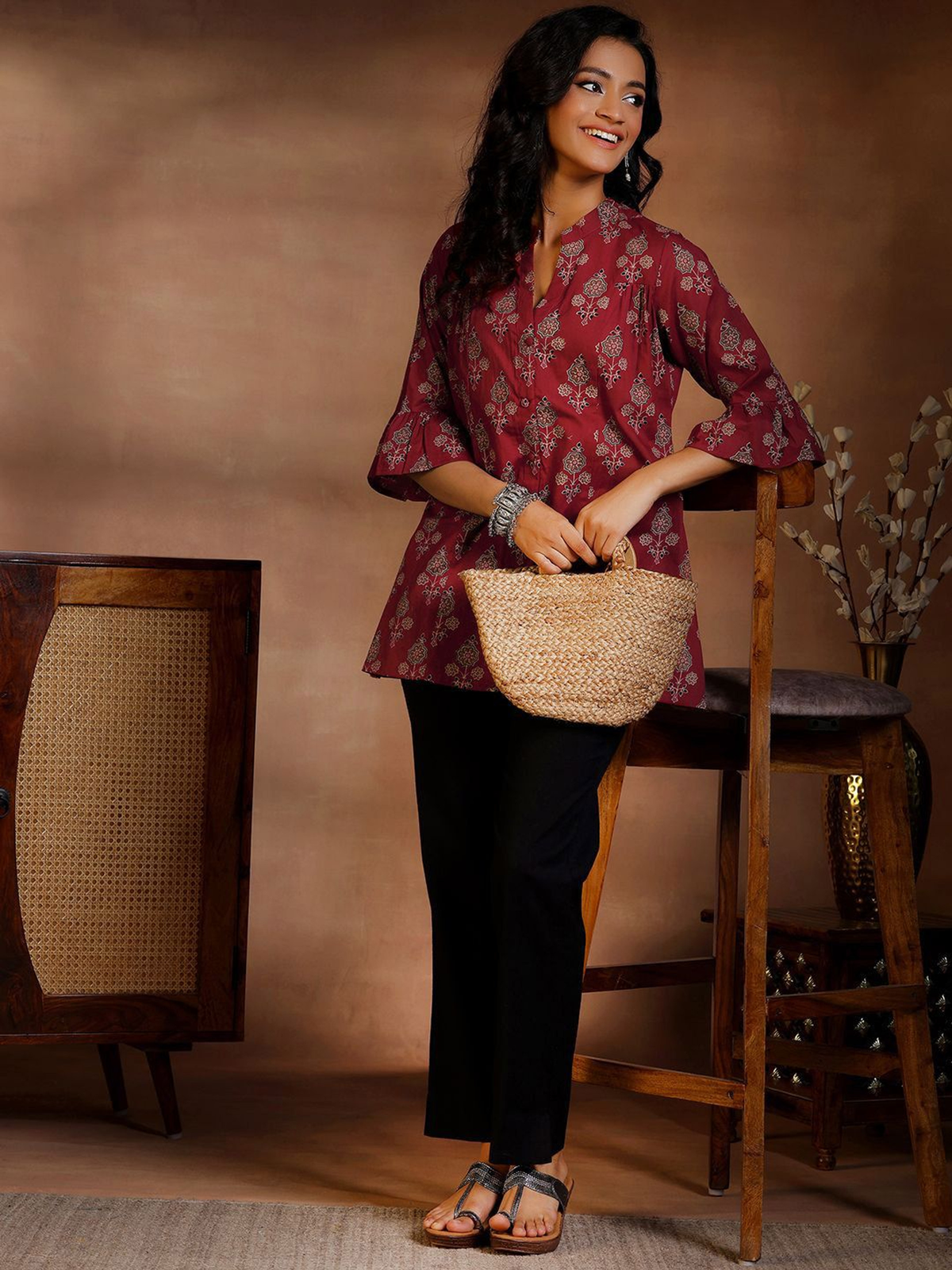 Product title: Women’s Maroon & White Floral Print Cotton A-Line Kurti AROMIE.STORE