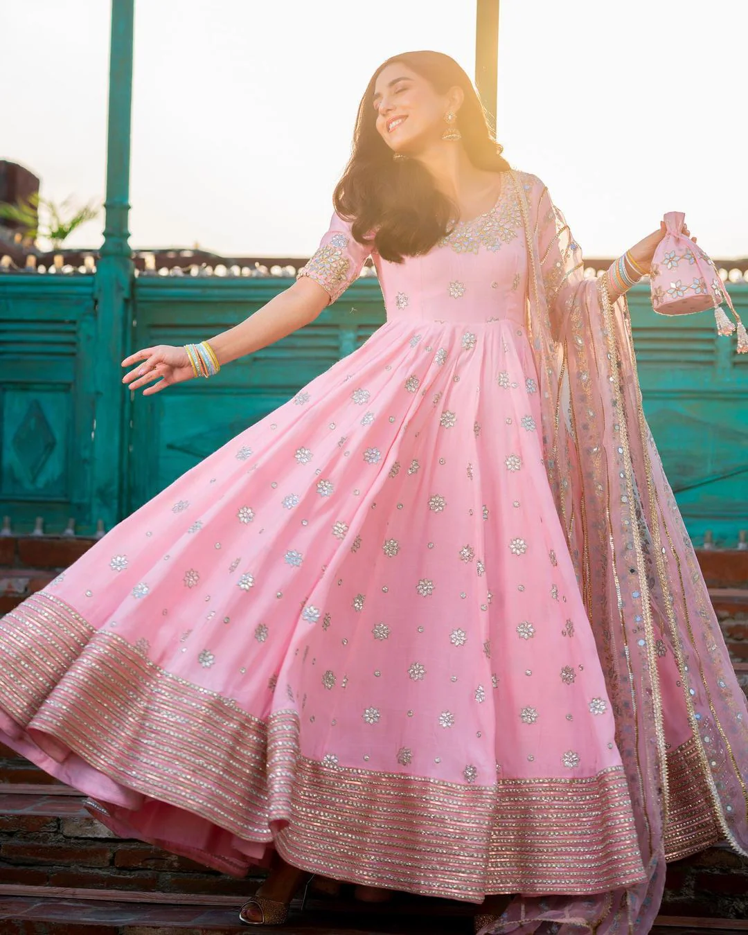 Mahika Pink Chiffon Anarkali Suit Set with Handwork Detailing