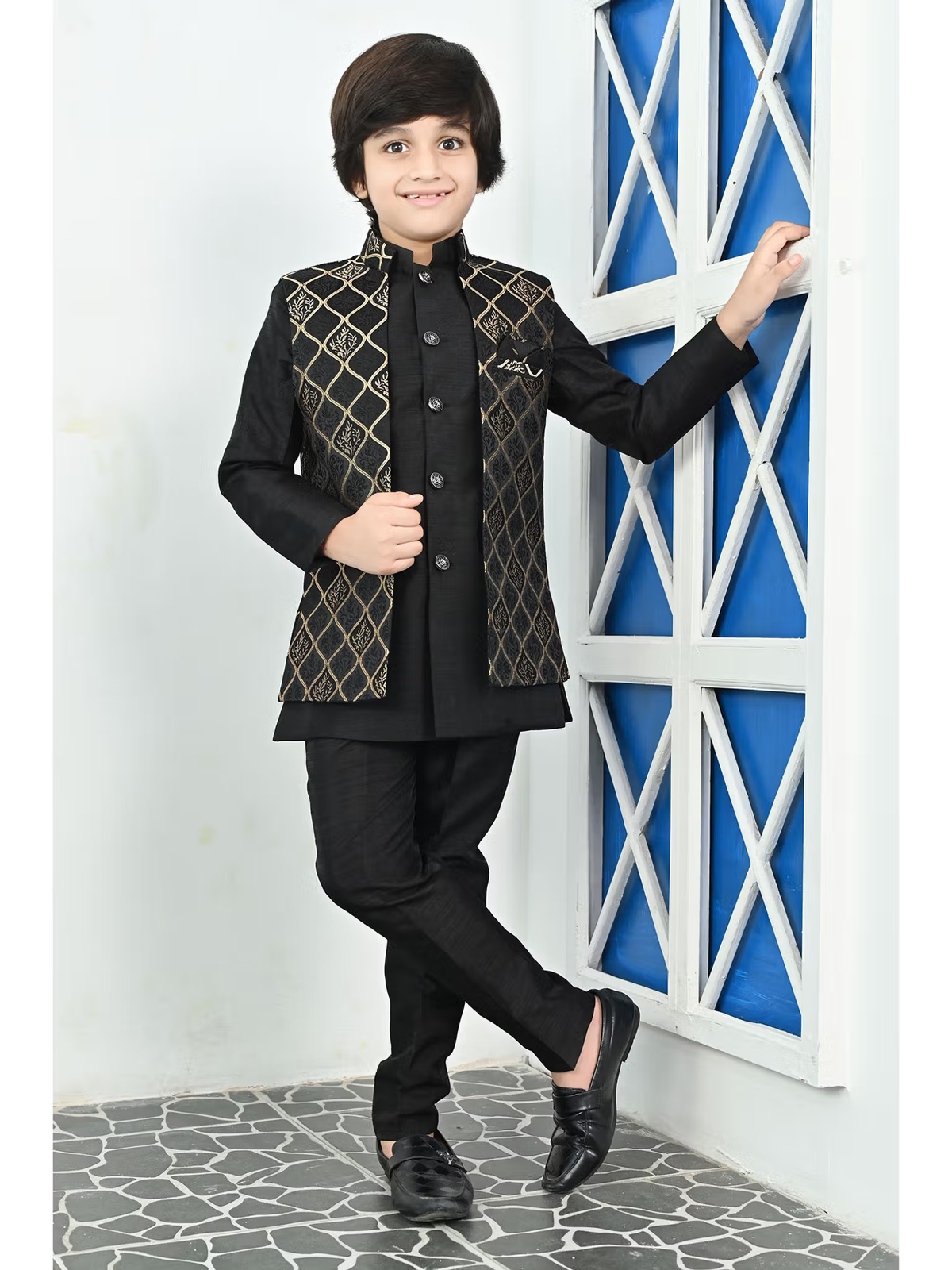 Black Kids Blend Sherwani and Pant with Jacket (Set of 3)