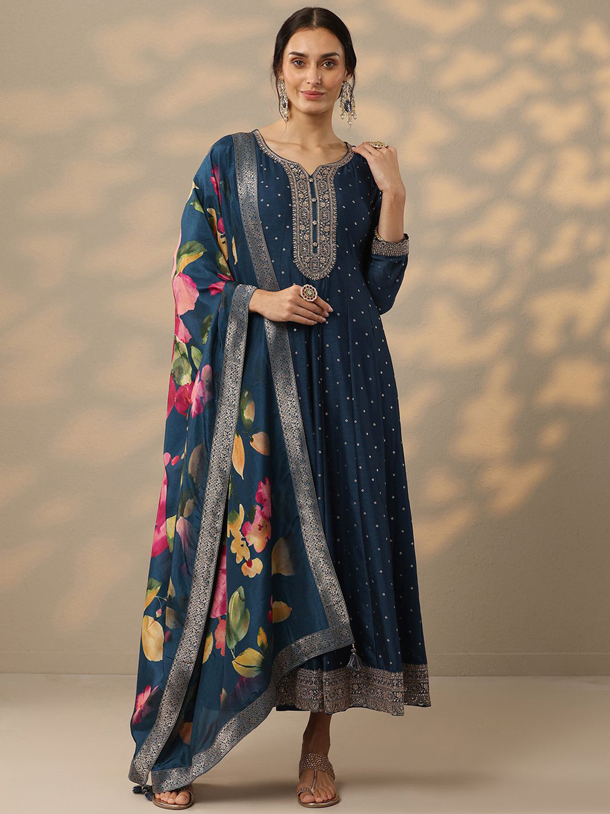 Bandhani Printed Panelled Sequinned Gown Silk Ethnic Dress With Dupatta