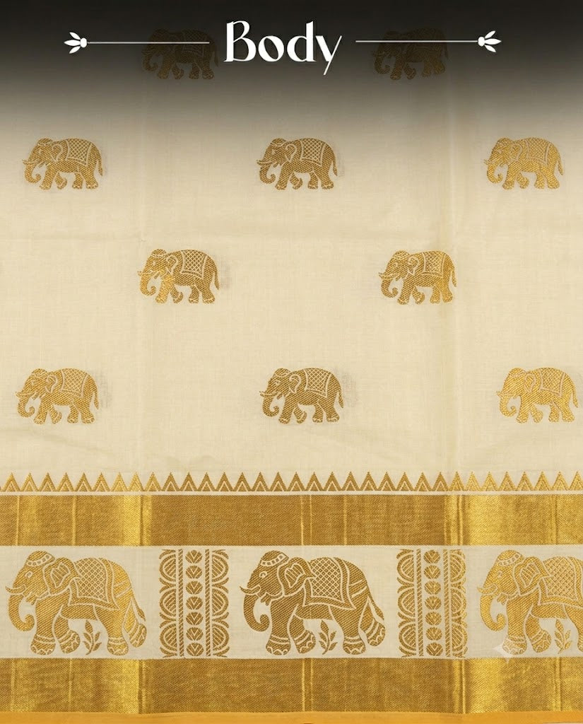 Cream Cotton Kasavu Saree with geometric motif