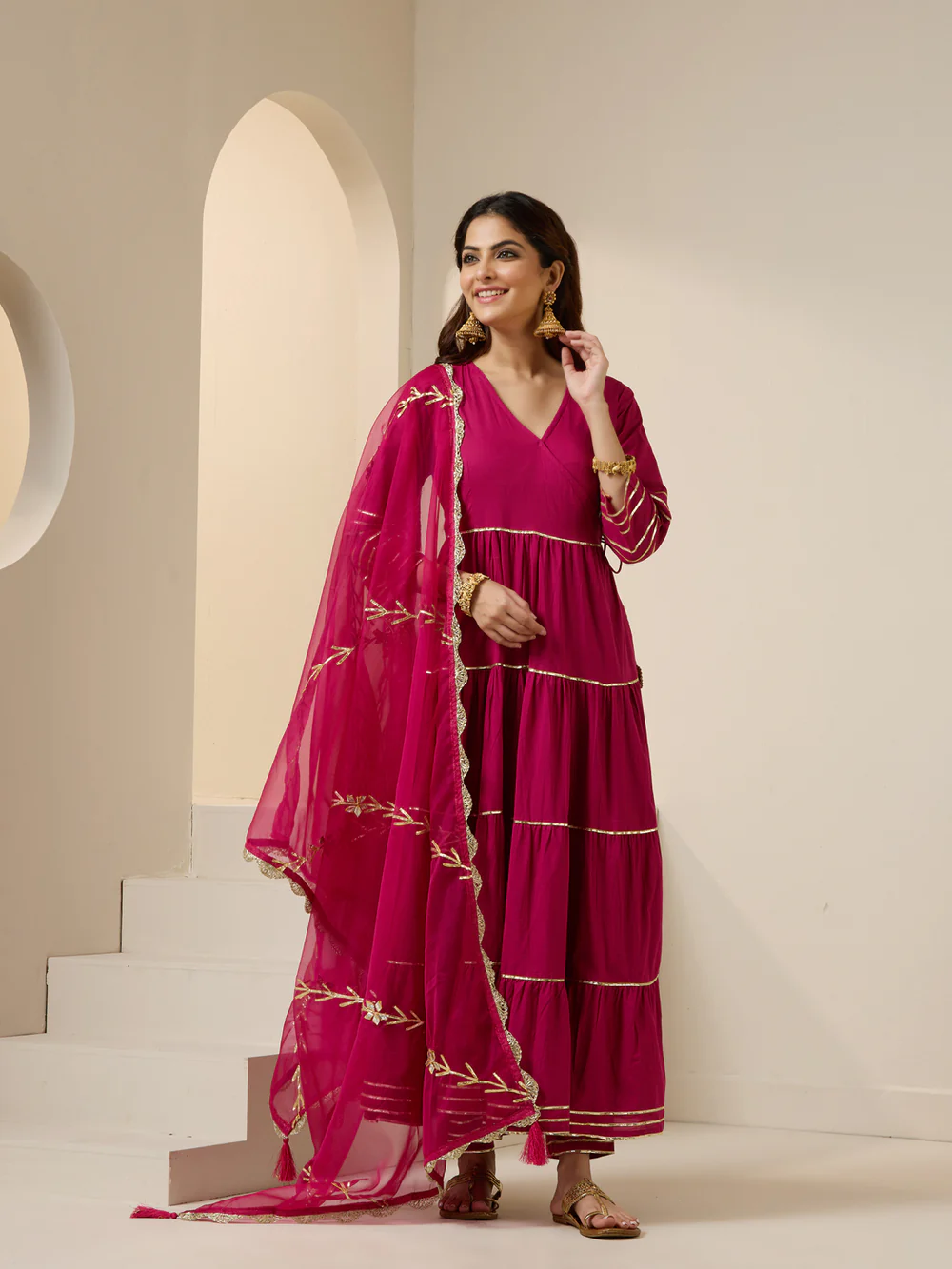 Pink Cotton Gotta Patti Angrakha Kurta Set With Straight Bottom And Dupatta
