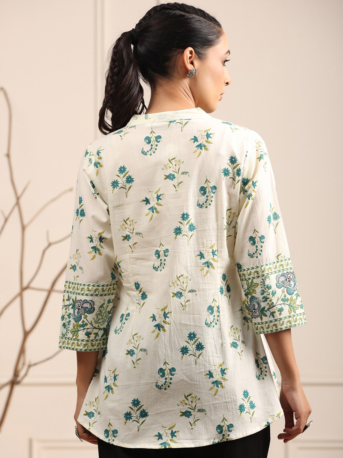 Women’s Cream & Green Floral Print Cotton A-Line Kurti AROMIE.STORE