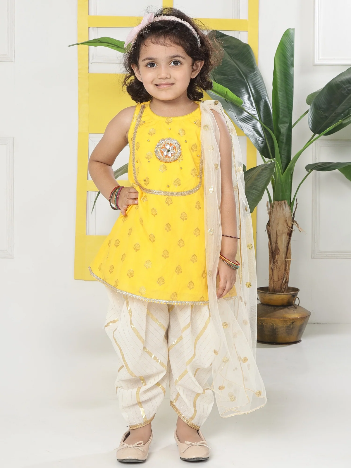 Yellow Cream Floral Zari Embroidery Cotton Kurta Salwar Set with Dupatta