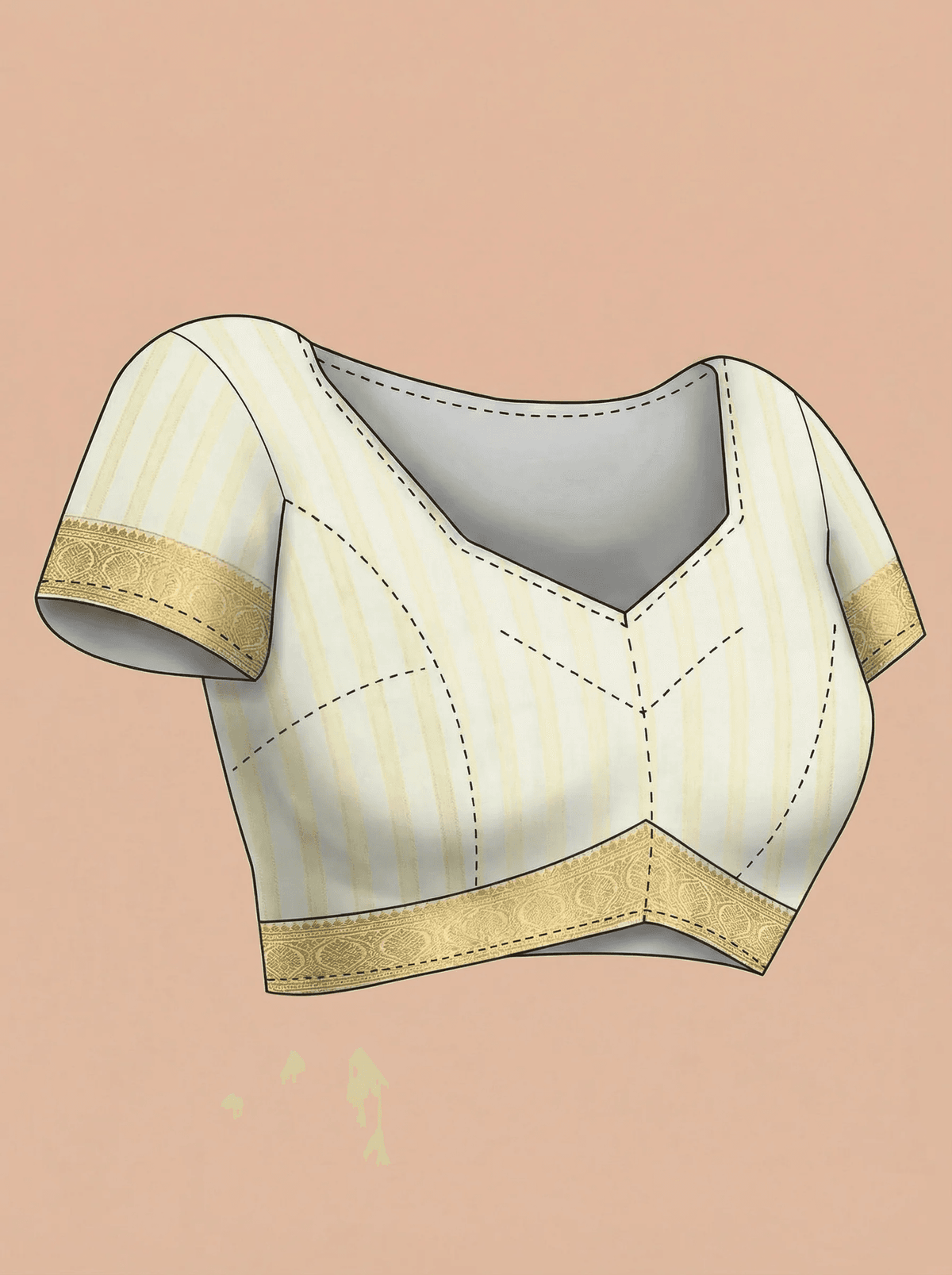 A digital illustration of a women's blouse, likely a kurta or tunic, featuring a V-neckline, short sleeves, and vertical stripes in cream and light yellow. It has decorative gold-colored borders at the sleeve cuffs and hem, and is shown against a solid peach-pink background.