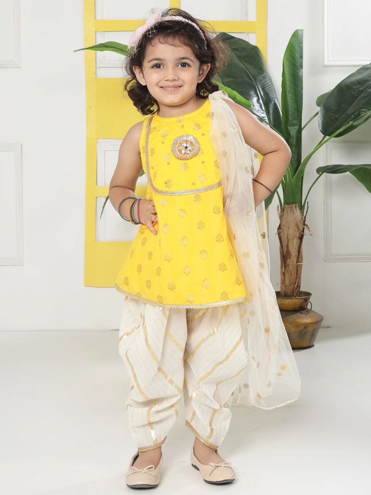 Yellow Cream Floral Zari Embroidery Cotton Kurta Salwar Set with Dupatta