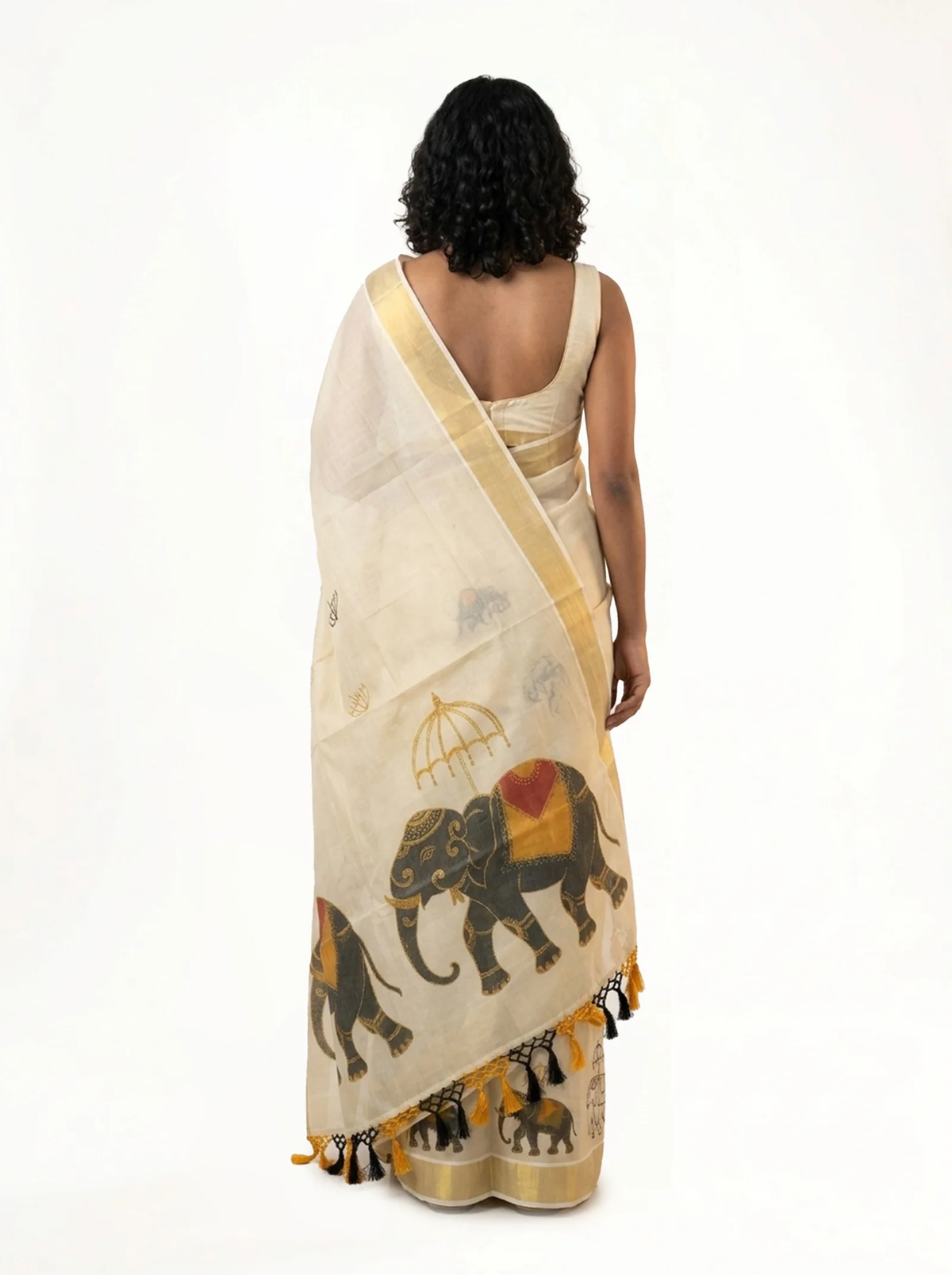Caparisoned Elephant & Ceremonial Umbrella Digital Print, Gold Zari Border & Tassel Pallu