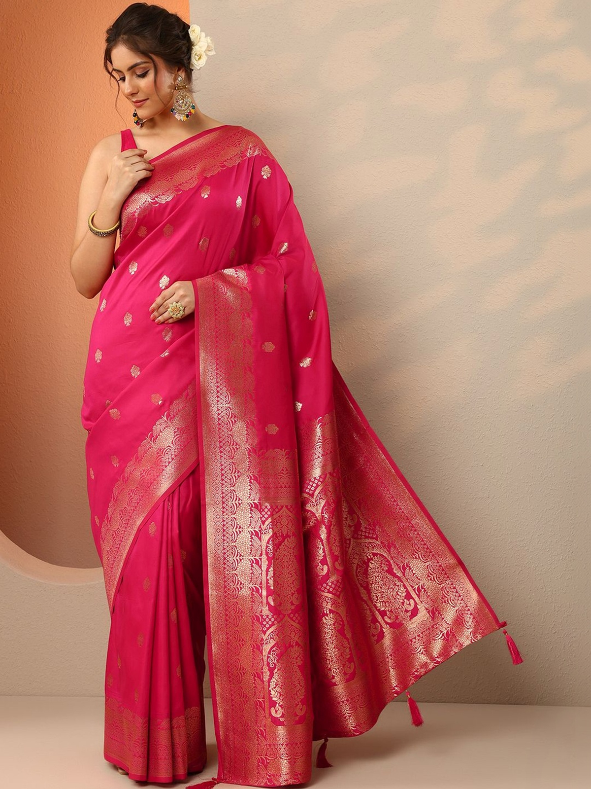 Pink Woven Design Banarasi Saree With Unstitched Blouse Piece aromie