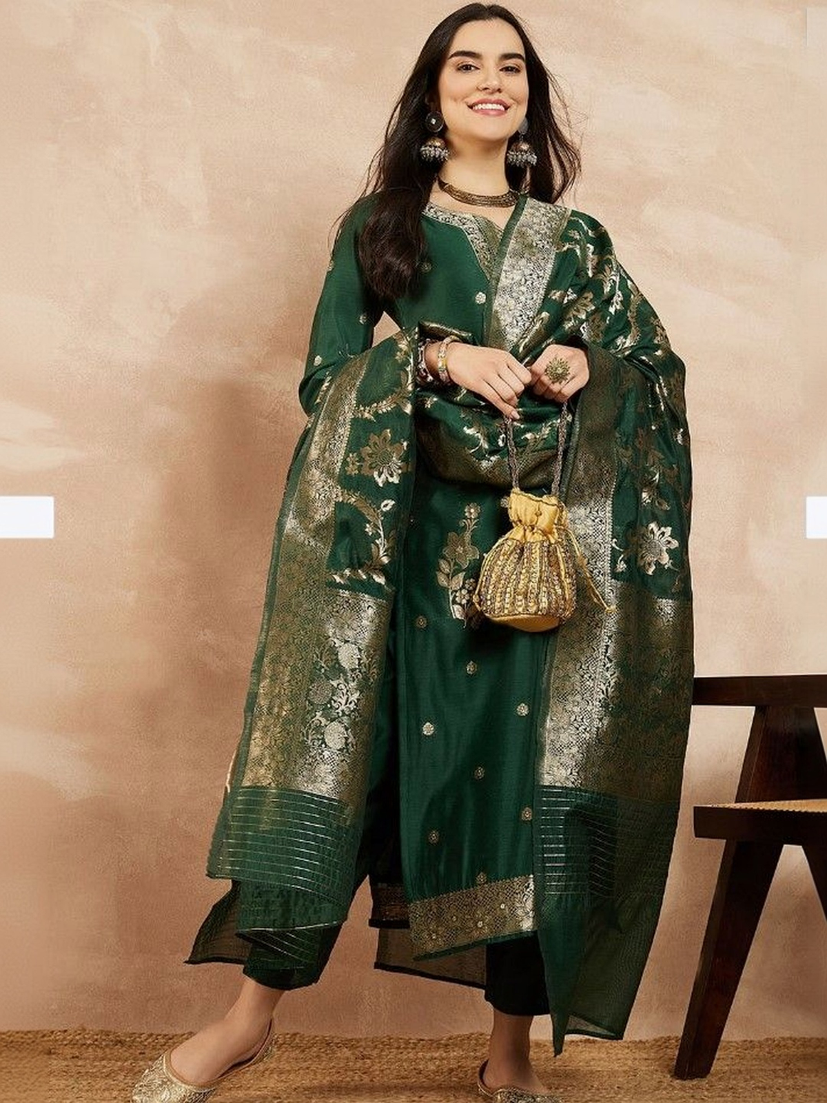 Green Woven Jacquard Cotton Kurta Set with Trousers & Dupatta