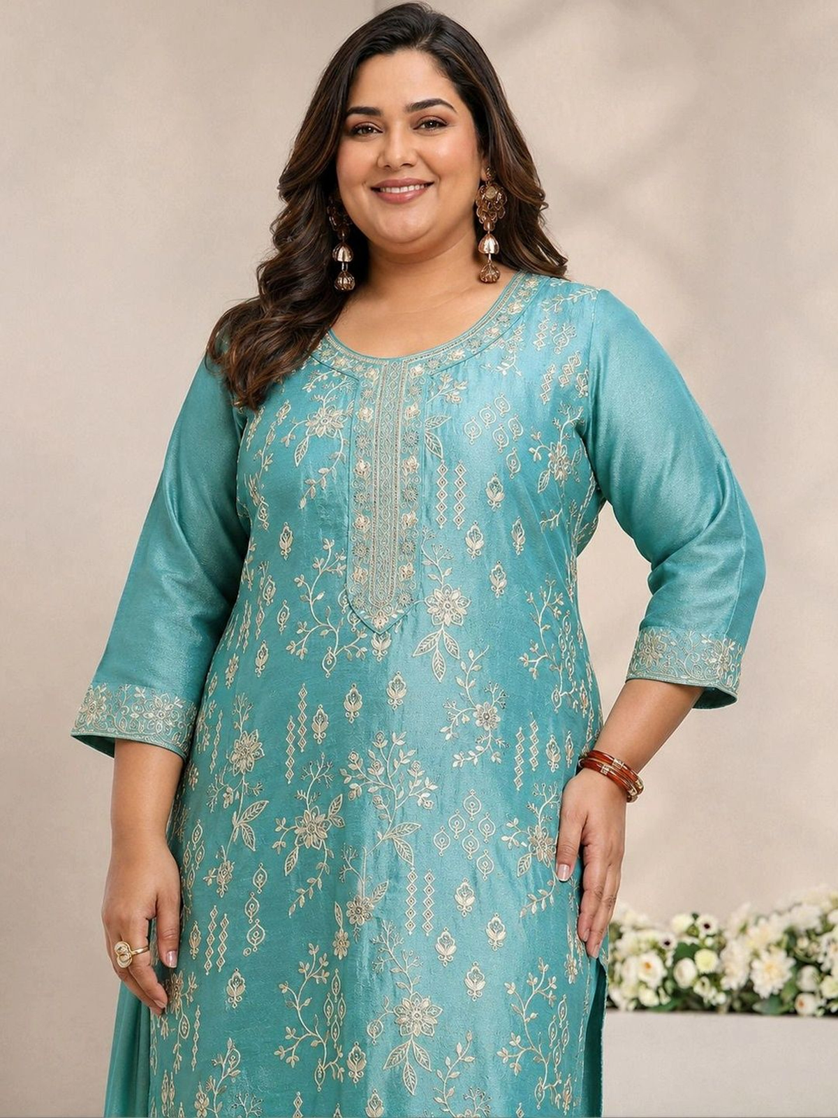 Blue Embroidered Silk Blend Kurta Set with Trousers & Dupatta aromie