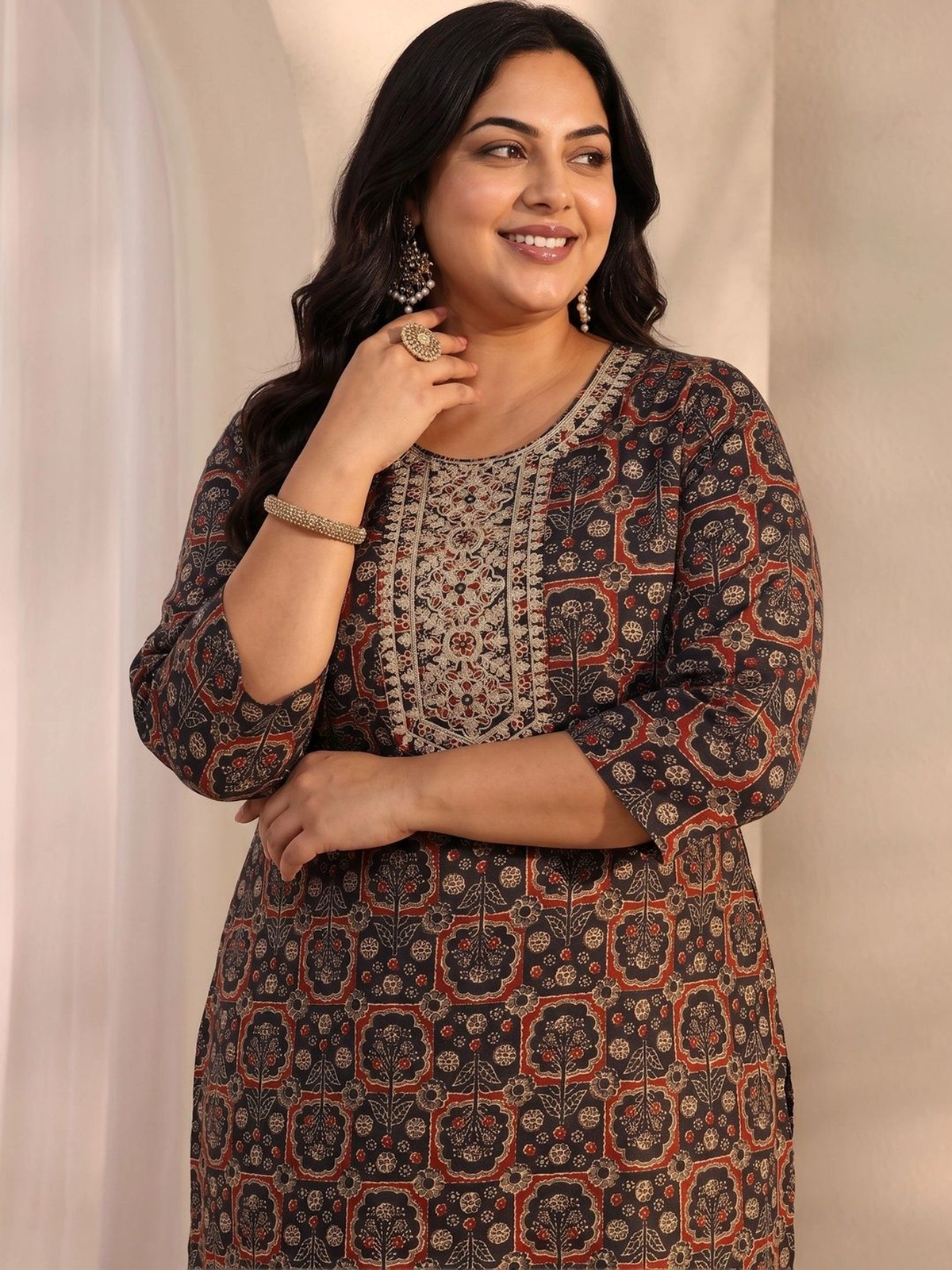 Black Printed Cotton Blend Kurta Set with Trousers & Dupatta aromie