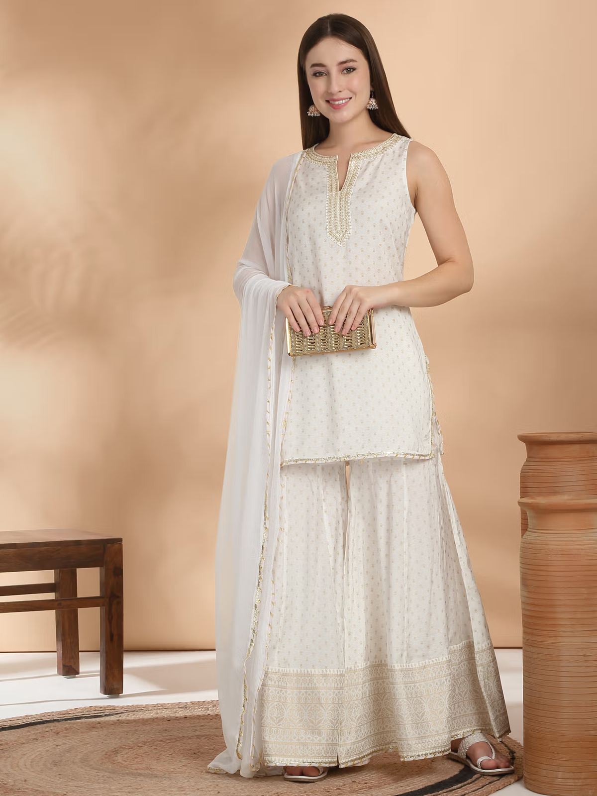 aromie white three piece kurtha embroidered Anarkali suit Canada with gold threadwork and sheer dupatta