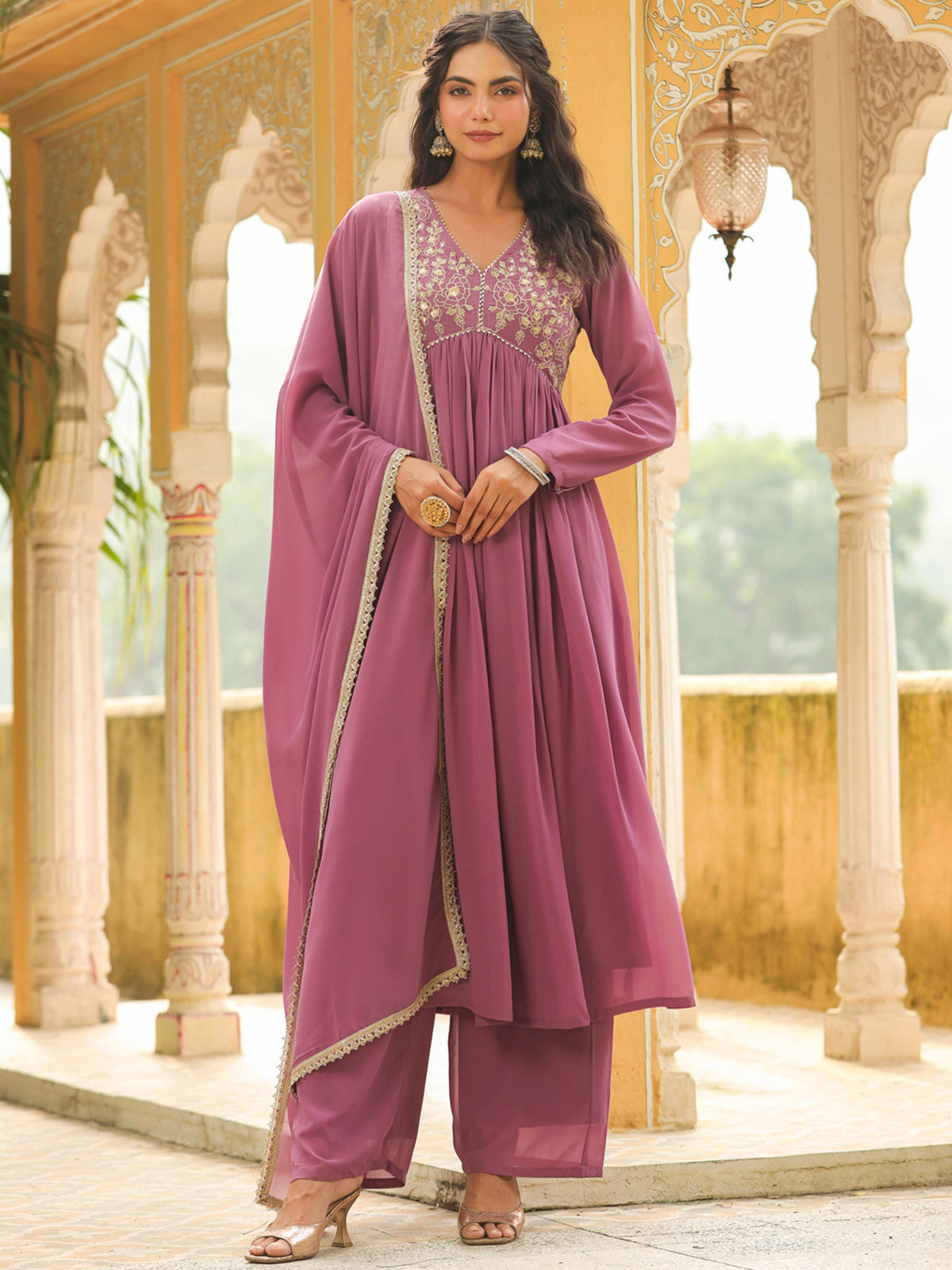 Maroon Printed Silk Blend Anarkali Kurta Set with Dupatta (Copy)