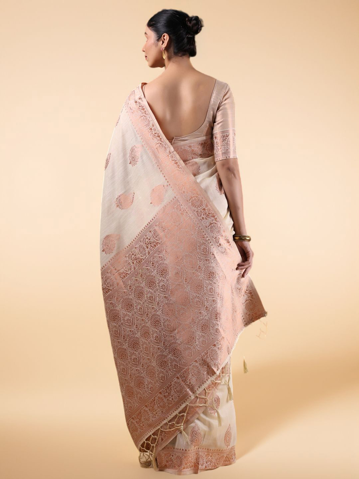 Off White Banarasi Linen Blend Saree with Woven Border & Blouse Piece