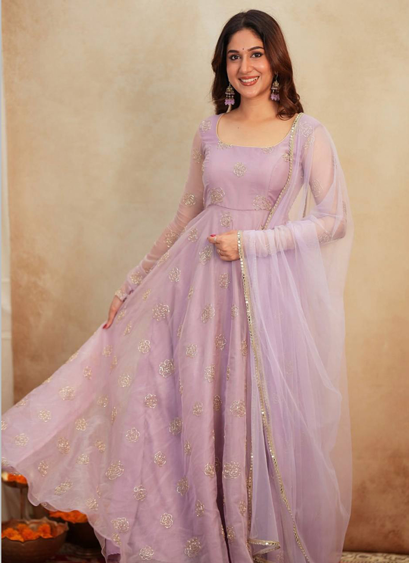 Lavender Viscose Zari Work Anarkali Suit