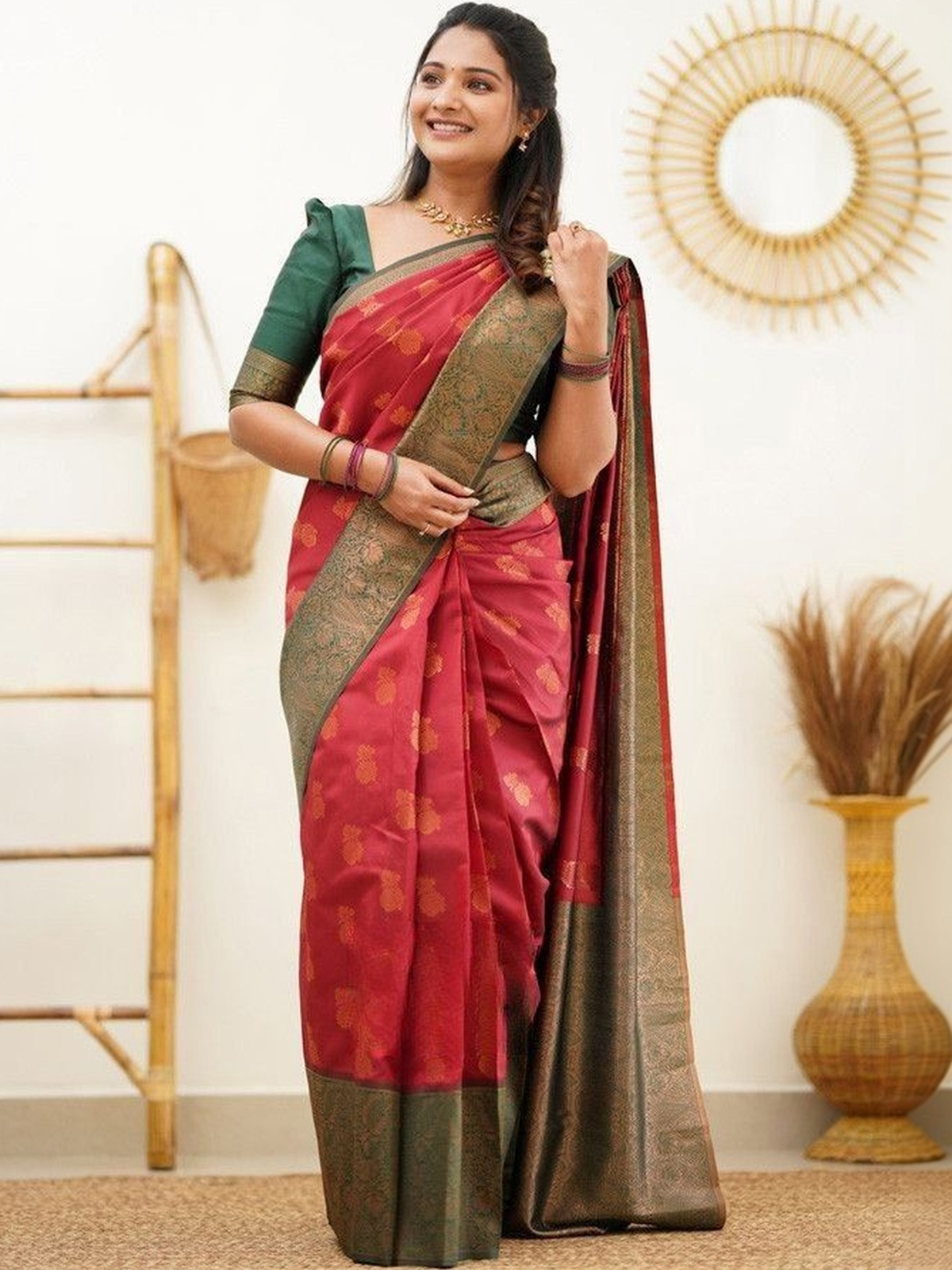 Red Banarasi Jacquard Silk Saree with Zari Woven Border