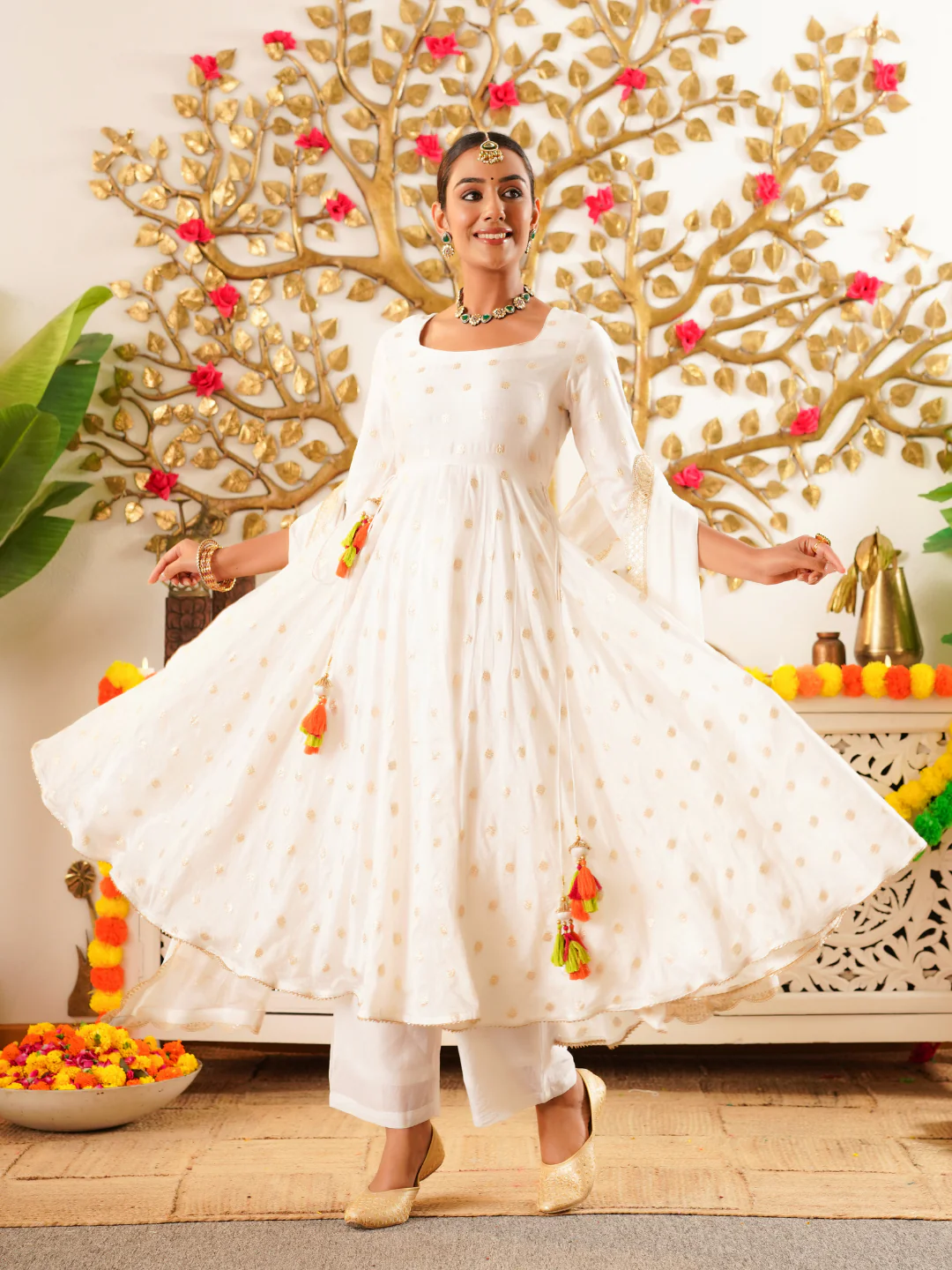 White Chanderi Festive Suit Set with Palazzo & Dupatta