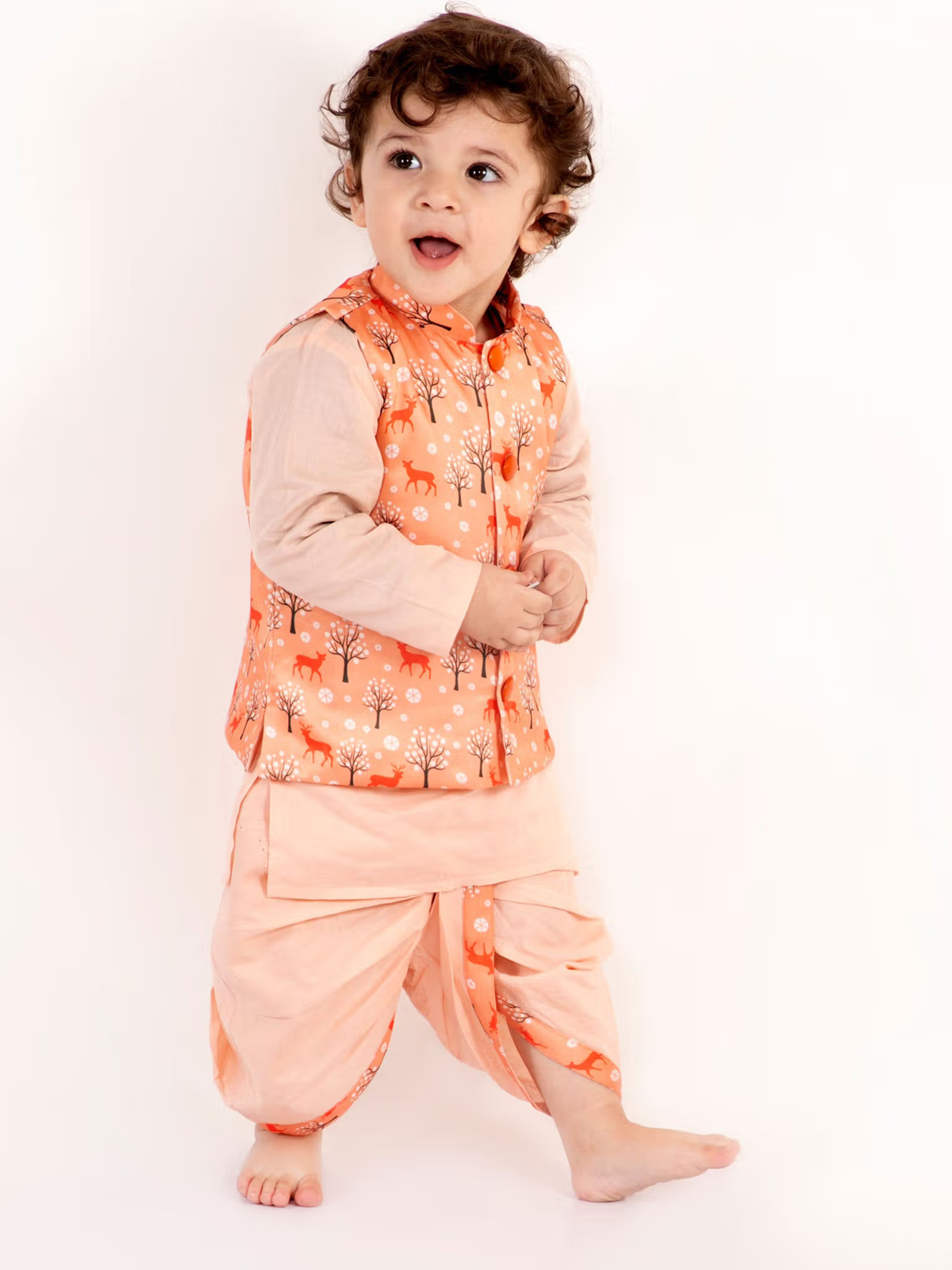 Boys Peach Printed Kurta with Dhoti and Jacket (Set of 3)
