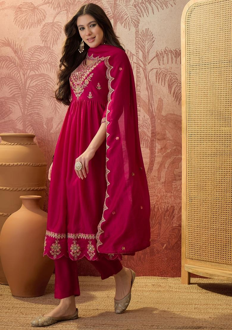 Roman Silk Anarkali Kurti Palazzo Dupatta Set