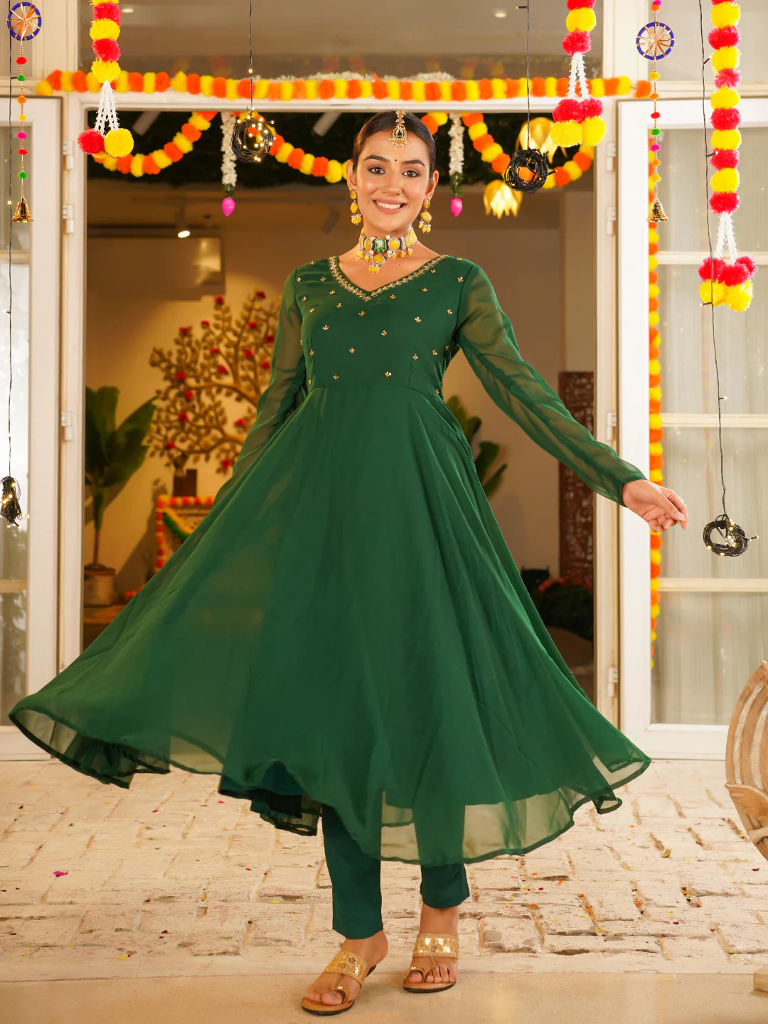 Zarreen Handwork Anarkali Set – Olive Green