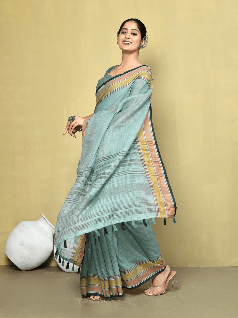 Eco - Friendly Linen Hand - Woven Saree with Tasseled Design – DIY Blouse Cutout Included - aromie