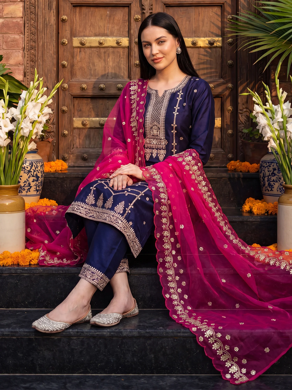 A woman seated on dark stone steps wearing a traditional South Asian outfit with a navy blue kurta and trousers, a bright magenta dupatta with gold embroidery, and silver flat shoes. The background features a carved wooden door with brass door handles, potted white flowers, and orange marigold flowers.