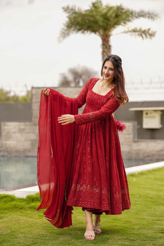Embellished Red Color Sequence Work Gown