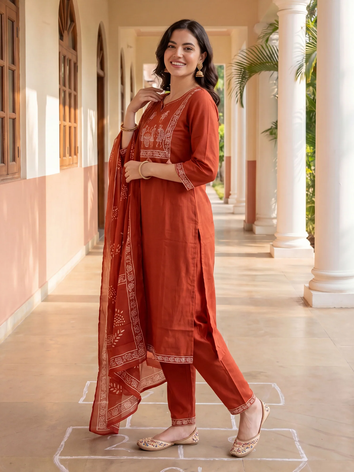 Woman in a red traditional outfit standing in a sunlit hallway with white columns.