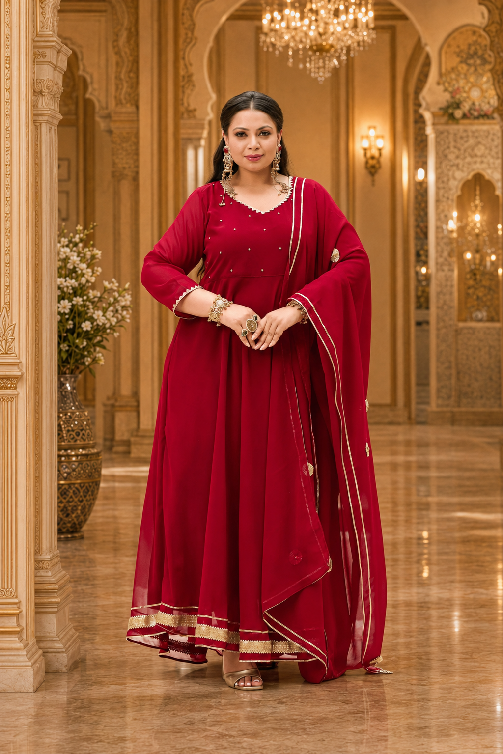 A woman stands in an ornate indoor hallway wearing a deep red traditional outfit with a matching draped scarf. The outfit has gold embroidered details and a gold-trimmed hem, and she is wearing gold jewelry.