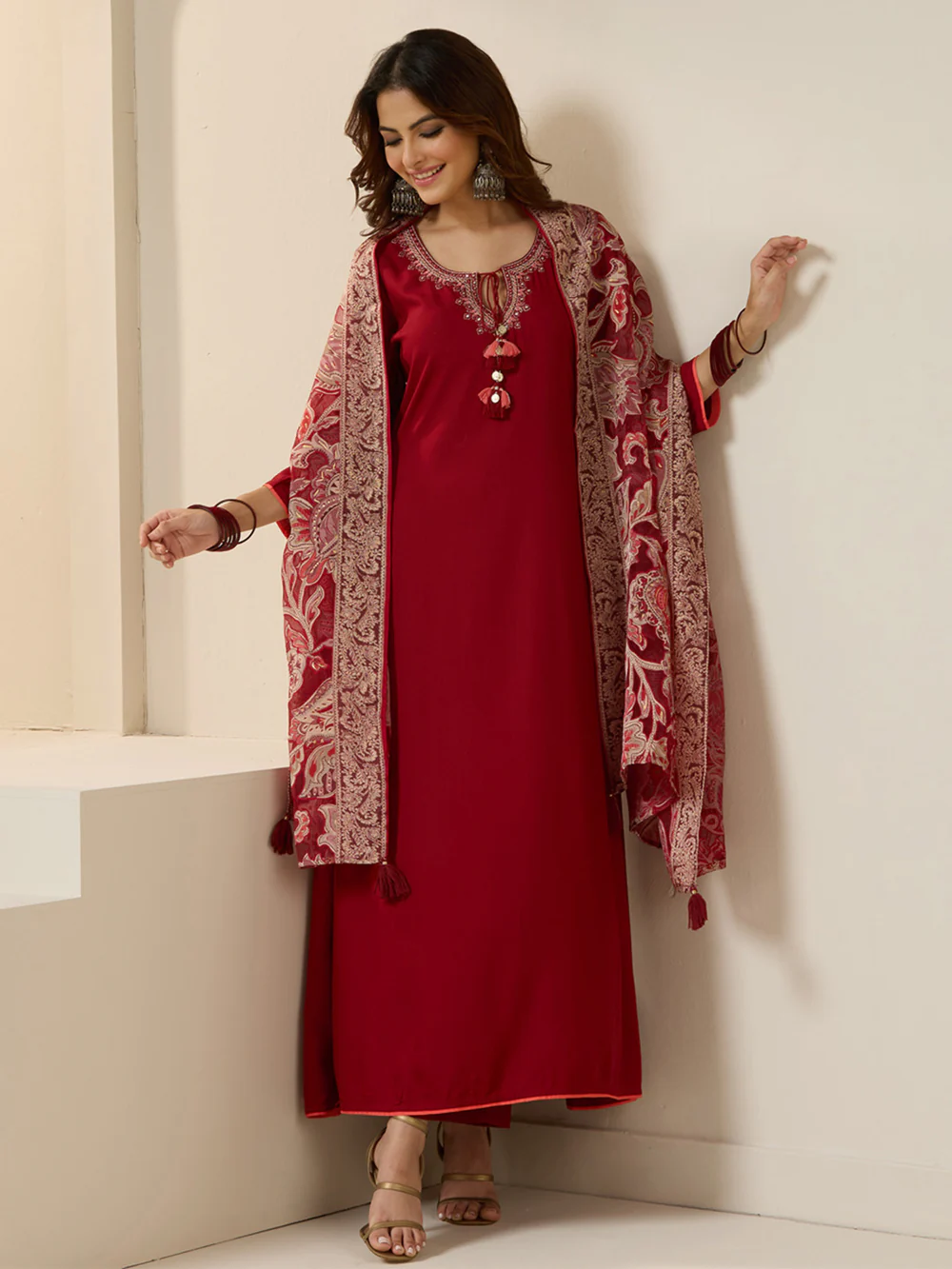 Elegant Maroon Viscose rayon Tieup Neckline Aline kurta set with rich brasso dupatta