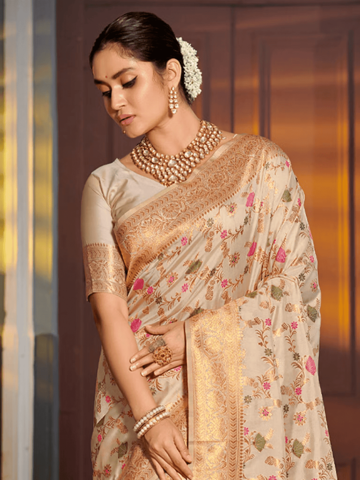 Elegant Banarasi Silk Saree with Unstitched Blouse – Festive Wear for Women - aromie