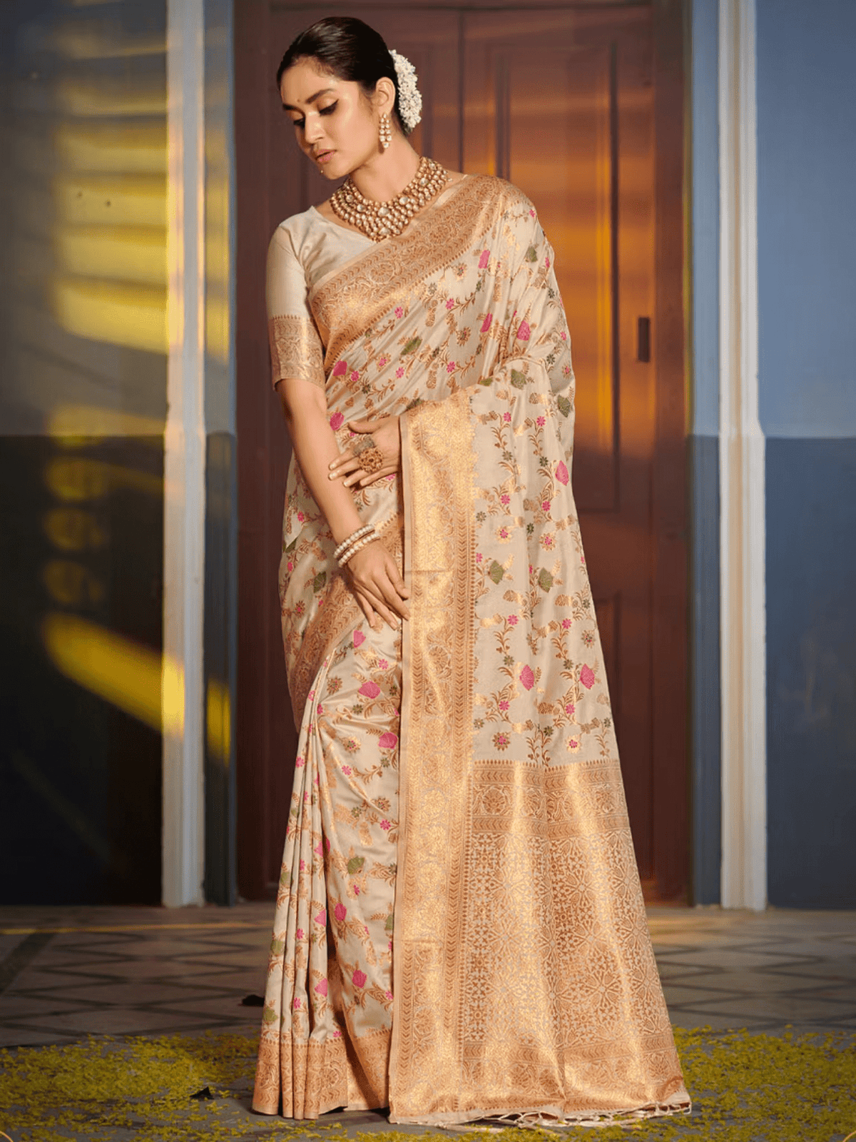 Elegant Banarasi Silk Saree with Unstitched Blouse – Festive Wear for Women - aromie
