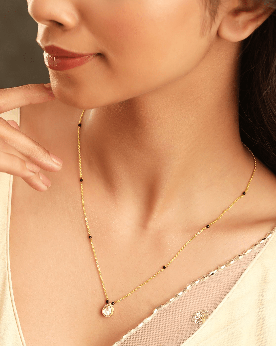 Elegant Diamond - Studded Gold - Plated Mangalsutra for Women – Lightweight Everyday Wear - aromie