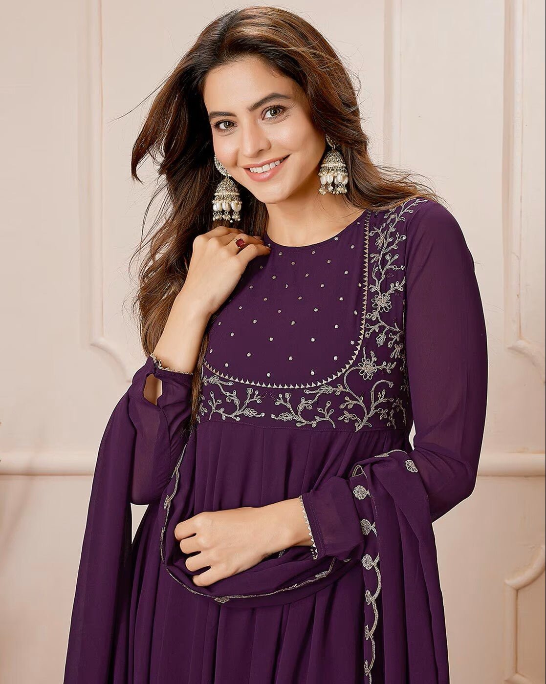 Elegant Embroidered Georgette Anarkali Kurta Set with Dupatta - aromie