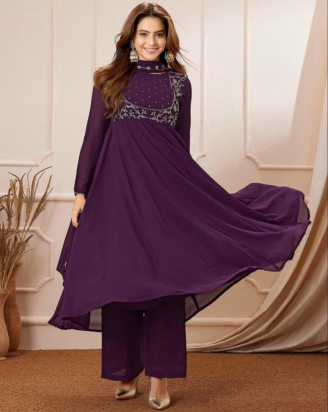 Elegant Embroidered Georgette Anarkali Kurta Set with Dupatta - aromie