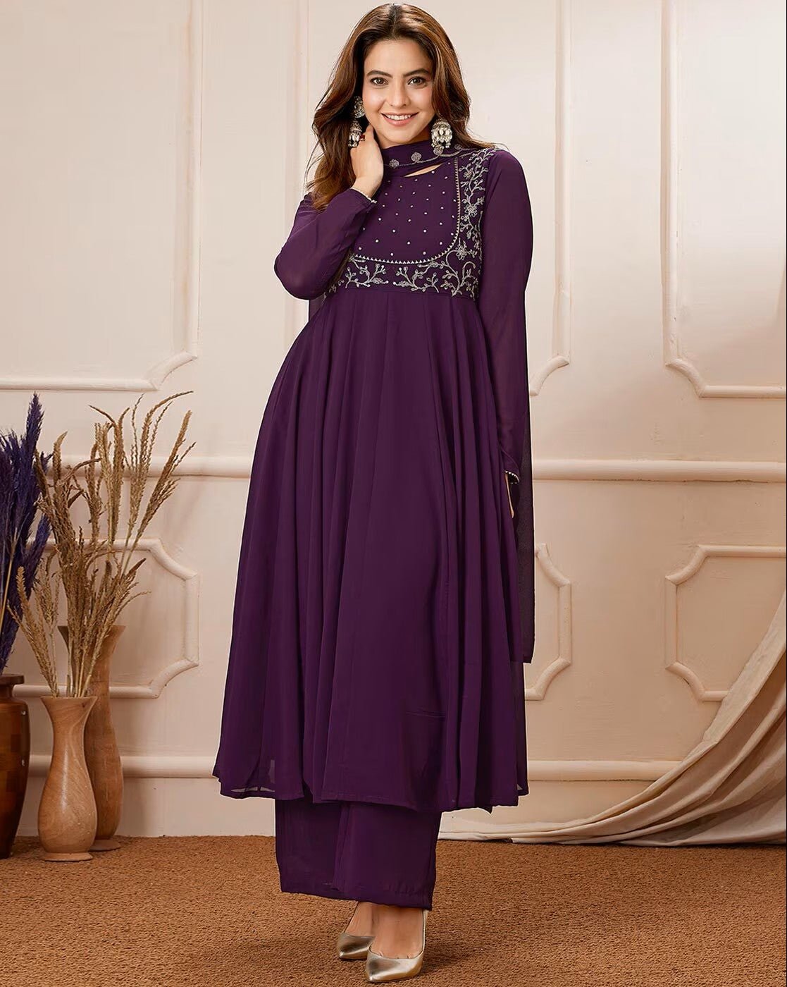 Elegant Embroidered Georgette Anarkali Kurta Set with Dupatta - aromie