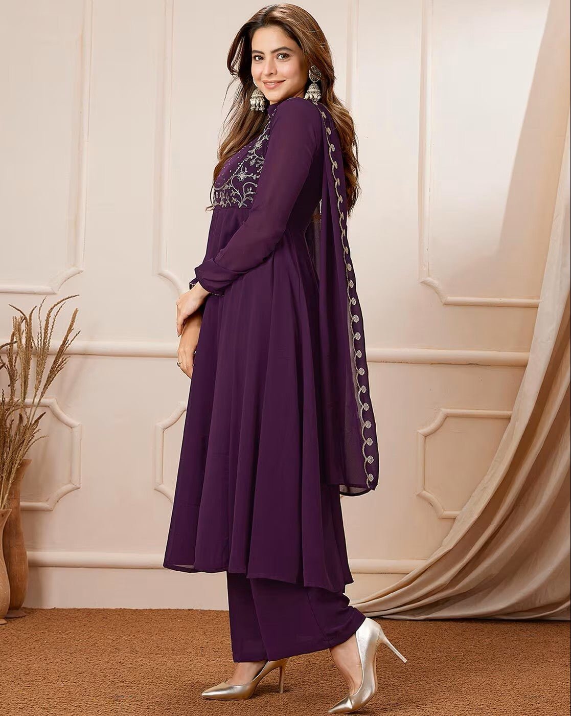 Elegant Embroidered Georgette Anarkali Kurta Set with Dupatta - aromie