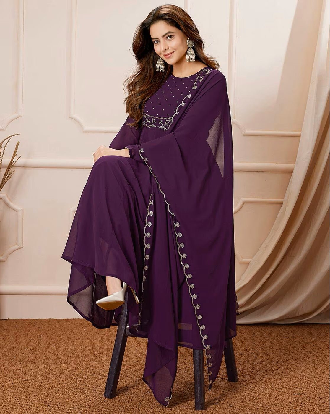 Elegant Embroidered Georgette Anarkali Kurta Set with Dupatta - aromie