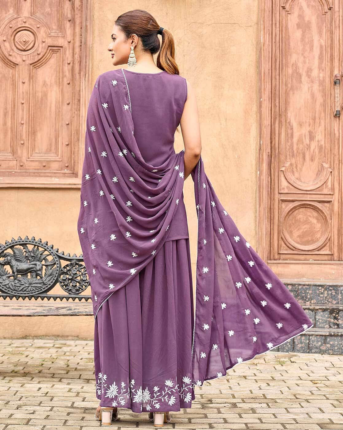 Elegant Indian kurta online in purple with embroidered detailing and matching dupatta, perfect for special occasions