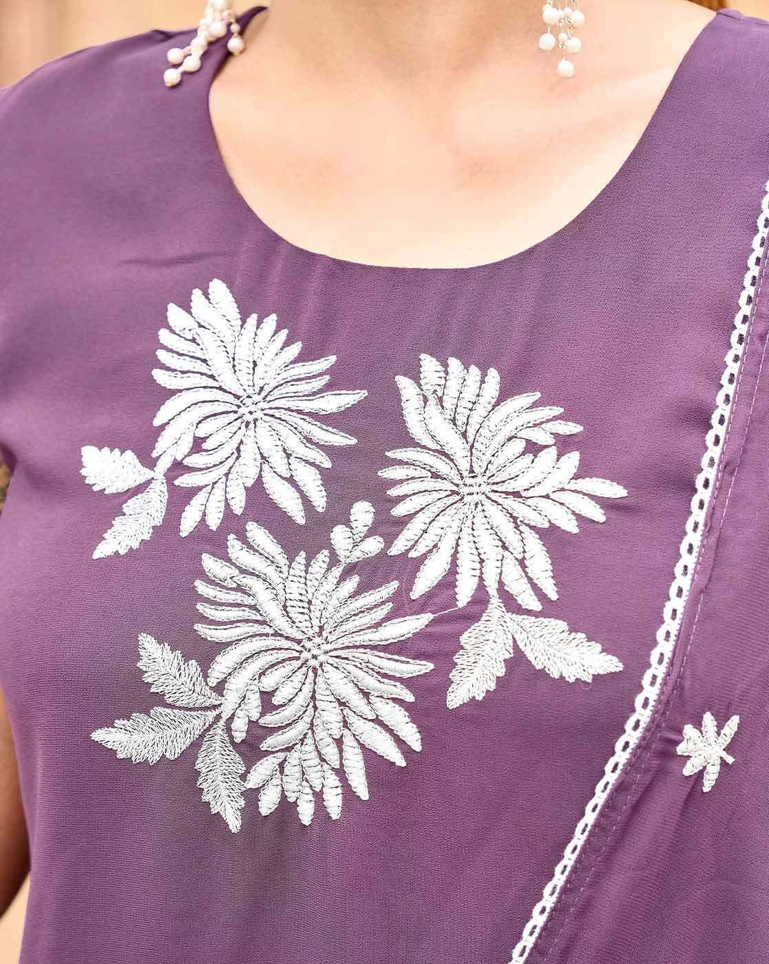 Elegant Indian kurta online featuring beautiful floral embroidery in purple fabric by Aromie