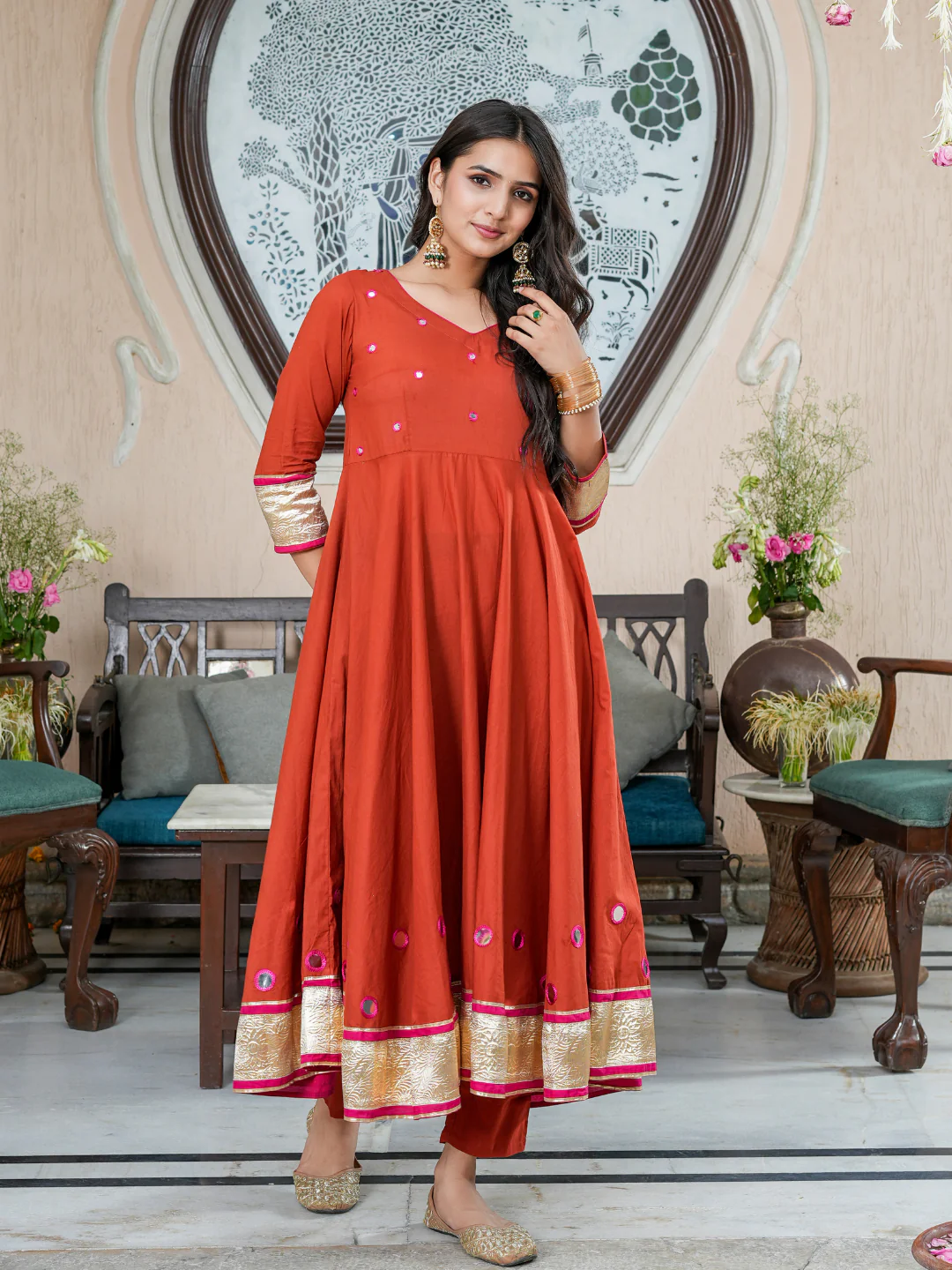 Elegant Indian kurta online in rust color with detailed embroidery, perfect for festive occasions and weddings
