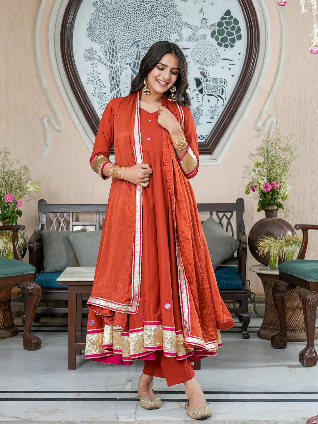 Elegant Indian kurta online in rust color, silk fabric, shown in front view, perfect for festive occasions.