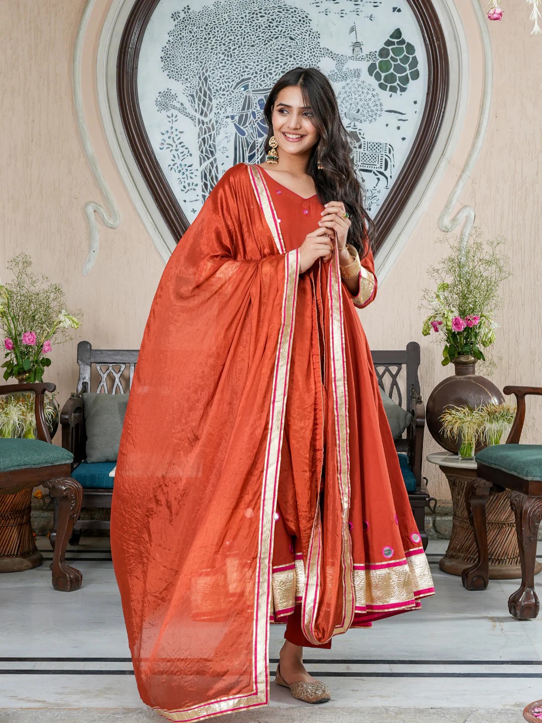 Elegant Indian kurta online in rust color with embroidery details, perfect for weddings and festive occasions